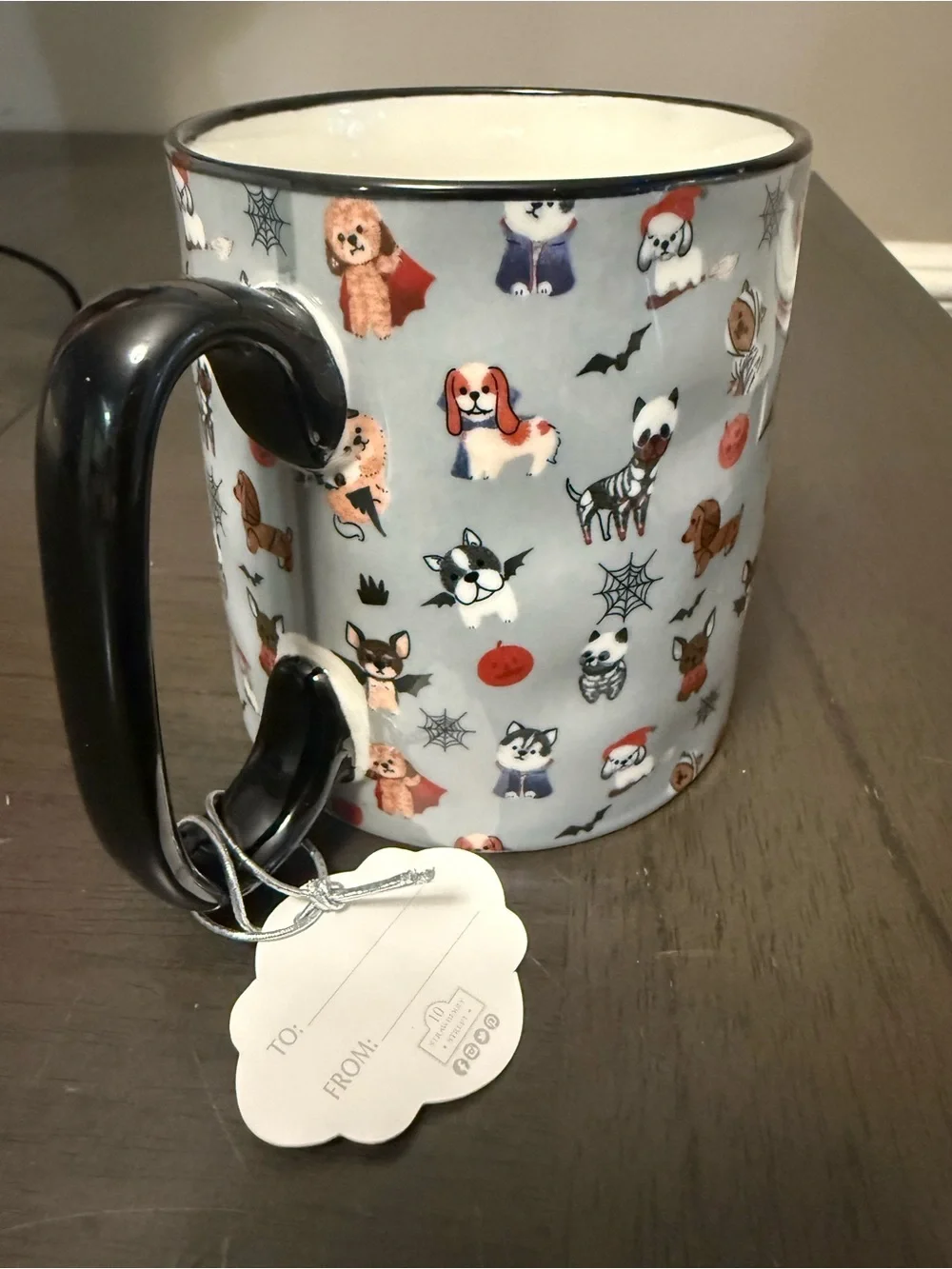 NWT Halloween Cute Dog Pattern Ceramic Mug in Light Gray with Black Handle